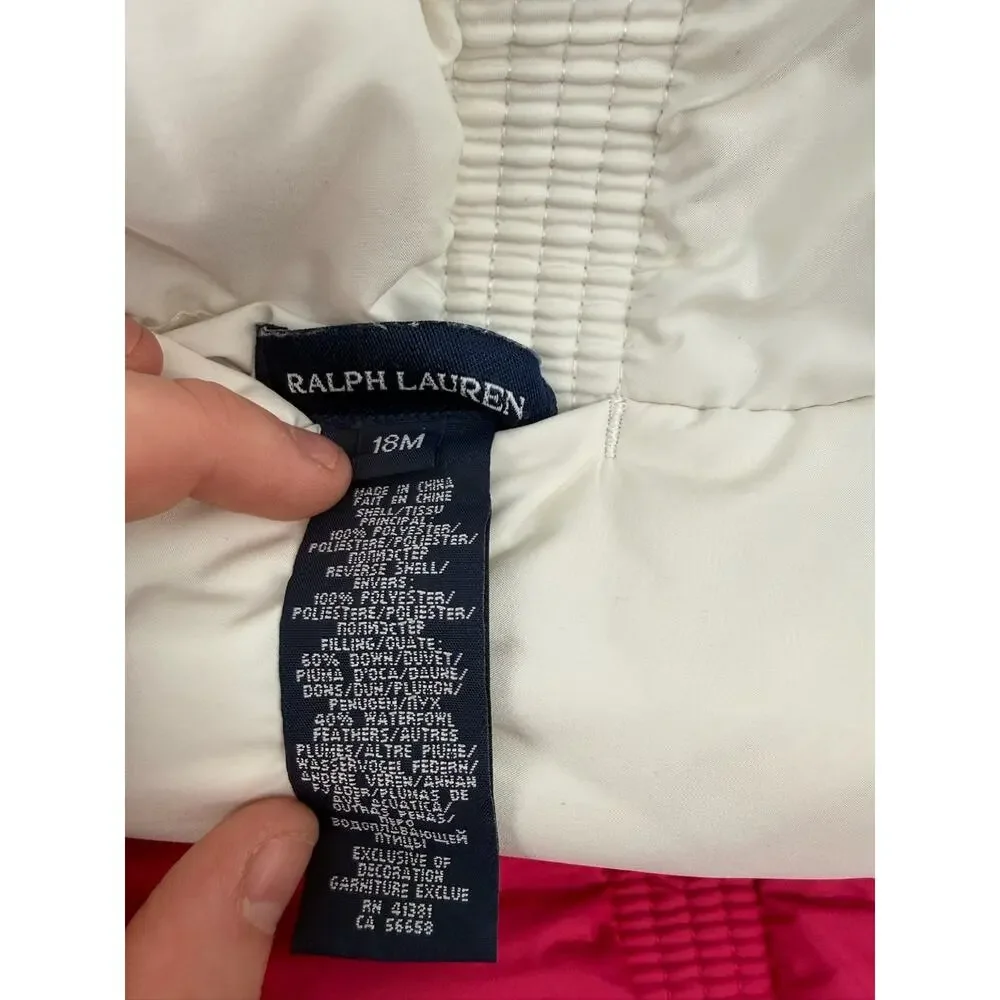 Ralph Lauren Baby Girl Reversible Puffer Vest 18M White Pink Down Filled Polo